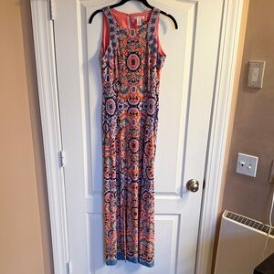 London Times Coral and Blue Floral Medallion Maxi Dress